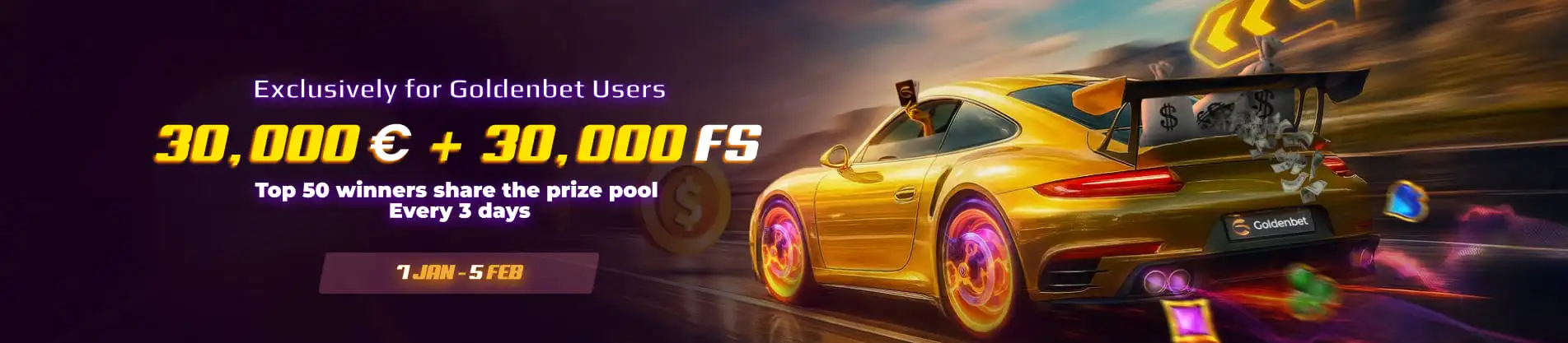 €30,000 promo Goldenbet Casino United Kingdom with free spins and luxury racing car banner event web