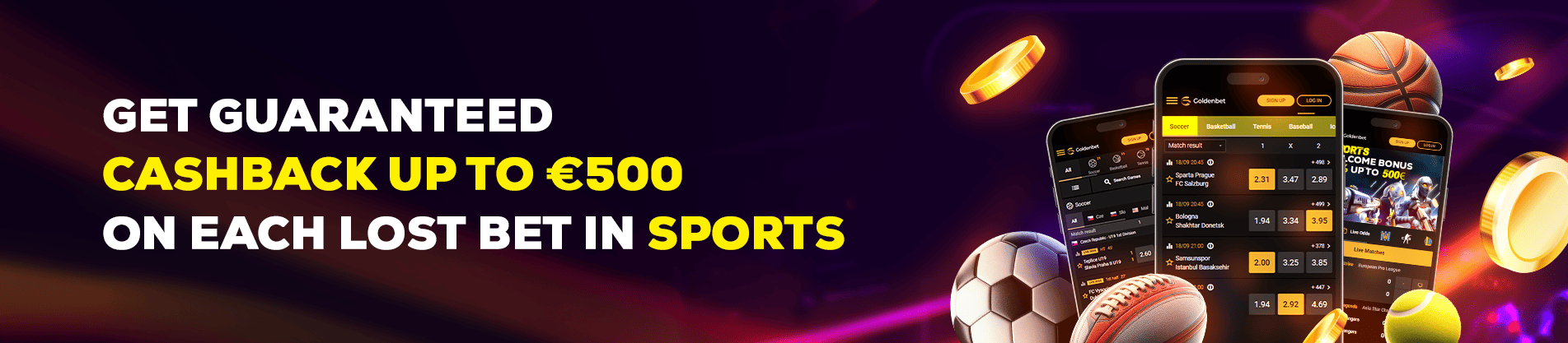 Goldenbet Casino United Kingdom sports betting promo offering cashback up to €500 on lost bets